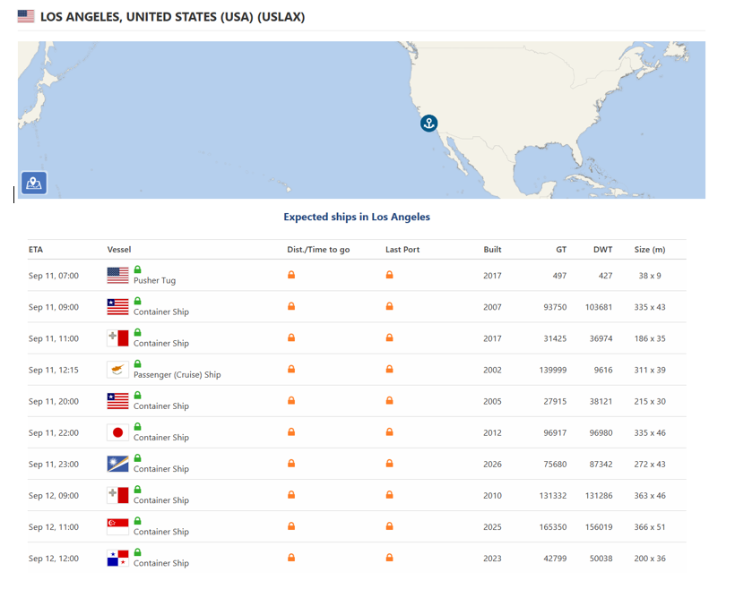 Vessel arrival board listing expected ships at the Port of Los Angeles for September 11 and 12, 2026